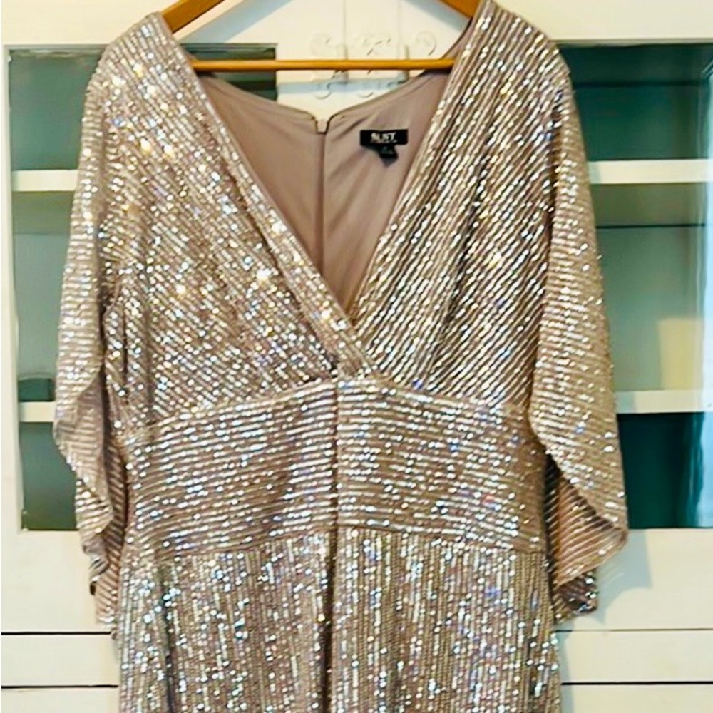 SLNY Long Sequin Capelet Sleeve Evening Dress New